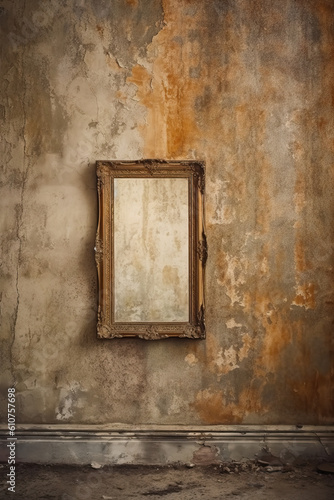 Empty picture frame, mirror hanging on the wall.