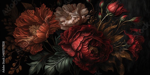 Generative AI, Close up of blooming flowerbeds of amazing red color flowers on dark moody floral textured background. Photorealistic effect...