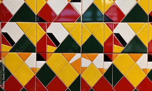  a close up of a wall made of colorful tiles with different shapes and sizes of triangles on it's sides and bottom half of the wall. generative ai