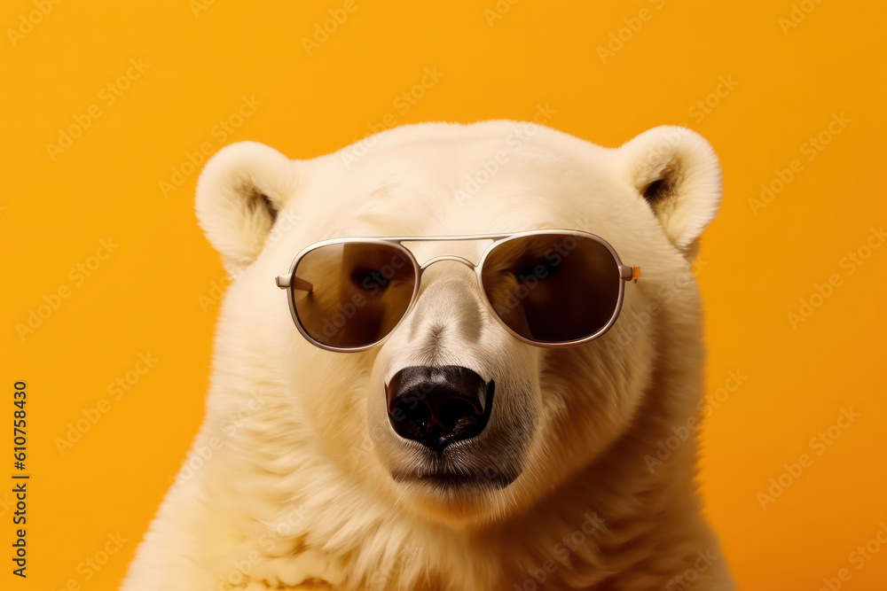Cool polar bear in shades against a bright yellow background, an iconic symbol of arctic wildlife. AI Generative. Cool polar bear in shades against a bright yellow background, an iconic symbol of arctic wildlife. AI Generative.