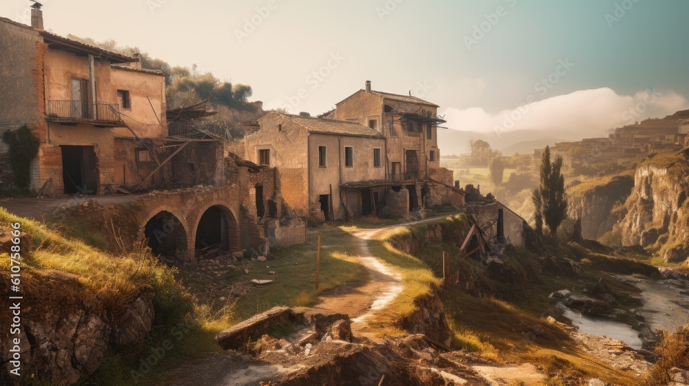 Picturesque village that has fallen into ruin, with collapsed houses, broken fences, and a sense of melancholy