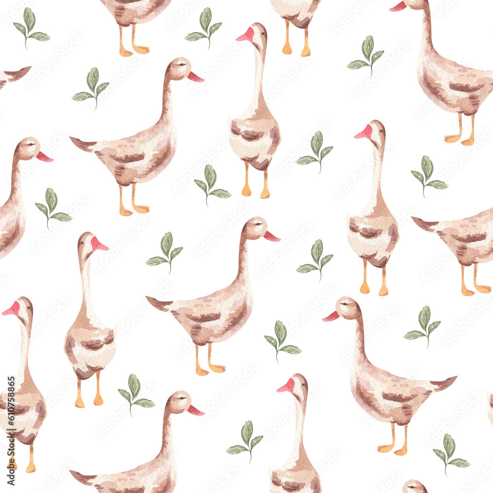 Watercolor ducks seamless pattern - goose farm birds illustration kids nursery template pattern