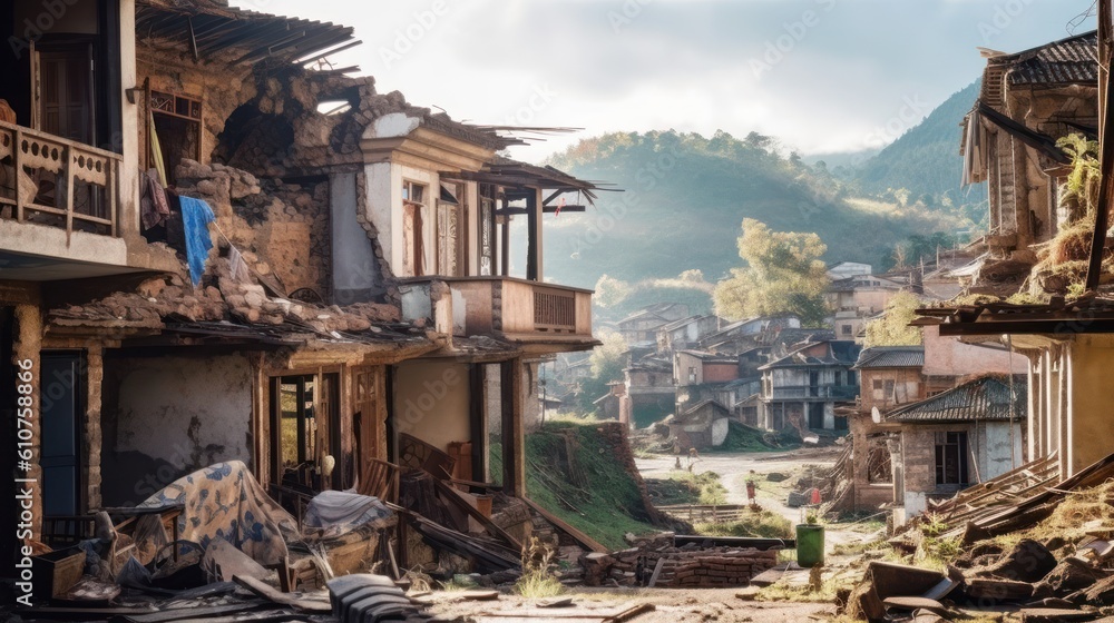Picturesque village that has fallen into ruin, with collapsed houses, broken fences, and a sense of melancholy Picturesque village that has fallen into ruin, with collapsed houses, broken fences, and a sense of melancholy