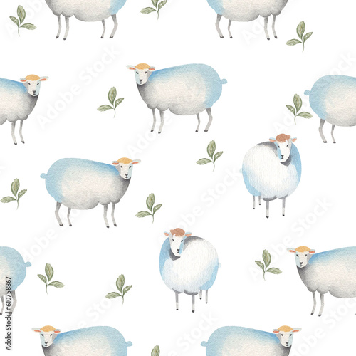 Watercolor sheep seamless pattern illustration - hand drawn  hand painted template on white background for fabric  nursery decor  kids