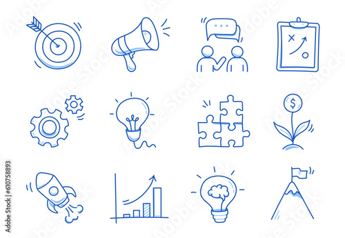 Business idea, startup doodle line icon set. Hand drawn doodle sketch line style business strategy, finance goal concept. Rocket, target, brain cute element. Vector illustration