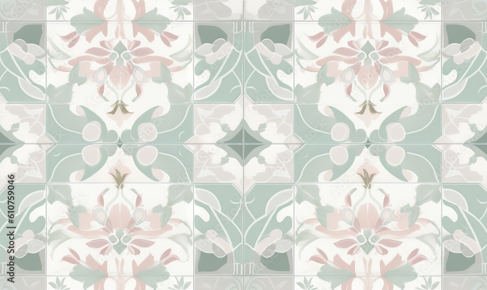  a tile pattern with pink flowers on a light green and light blue color scheme, with a white and pink flower in the middle of the pattern.  generative ai