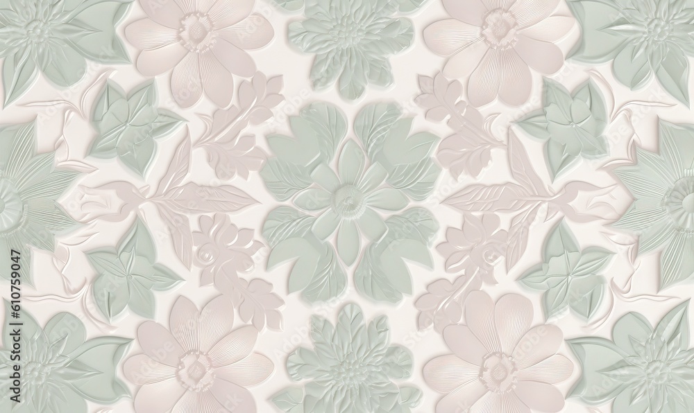 a floral wallpaper with pastel green and pink flowers on a white background with a light green center and a light pink center flower. generative ai a floral wallpaper with pastel green and pink flowers on a white background with a light green center and a light pink center flower. generative ai