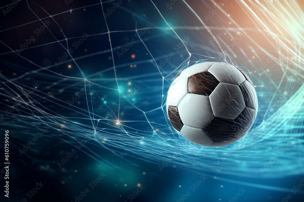 Fototapeta premium Soccer ball flew into the goal. Football ball bends the net, against the background of flashes of light. Soccer ball in goal net on dark blue background. A moment of delight. Generative AI Technology
