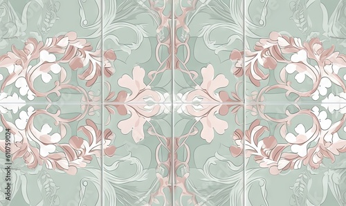  a pink and green floral pattern on a tile wall with a pink flower in the middle of the tile, and a pink flower in the middle of the middle of the tile. generative ai