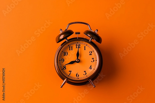 Orange retro alarm clock on yellow background with place for text, copy space. Minimalistic background, concept of time, deadline, time to work, morning, time management, morning routine schedule.