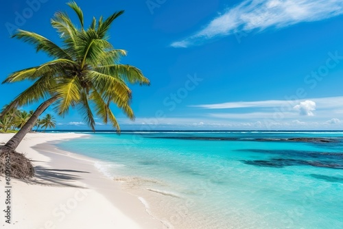 Palm tree on an island around blue water - Generative AI