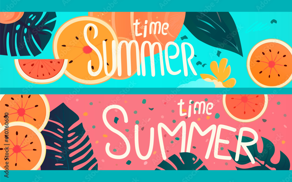 Summer time banner, season party bar, tropical fruity. Vector illustration