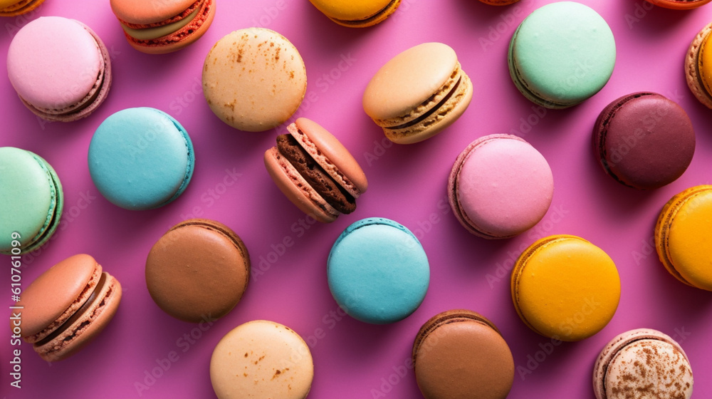 Obraz premium Flat lay of colorful macarons. IA generative.
