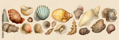 illustration top view set of seashells, banner, generative AI