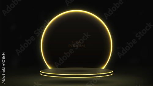 An empty golden podium with a neon glossy frame. Black platform for cosmetics.
