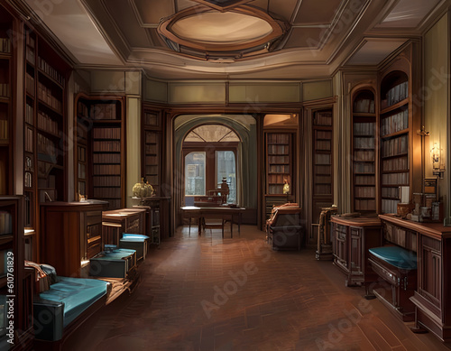 interior of an old-fashioned library room crowded with old wooden furniture with books on shelves. generative ai illustration