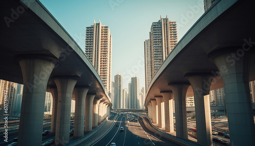 Highway and high rise buildings shoot from below