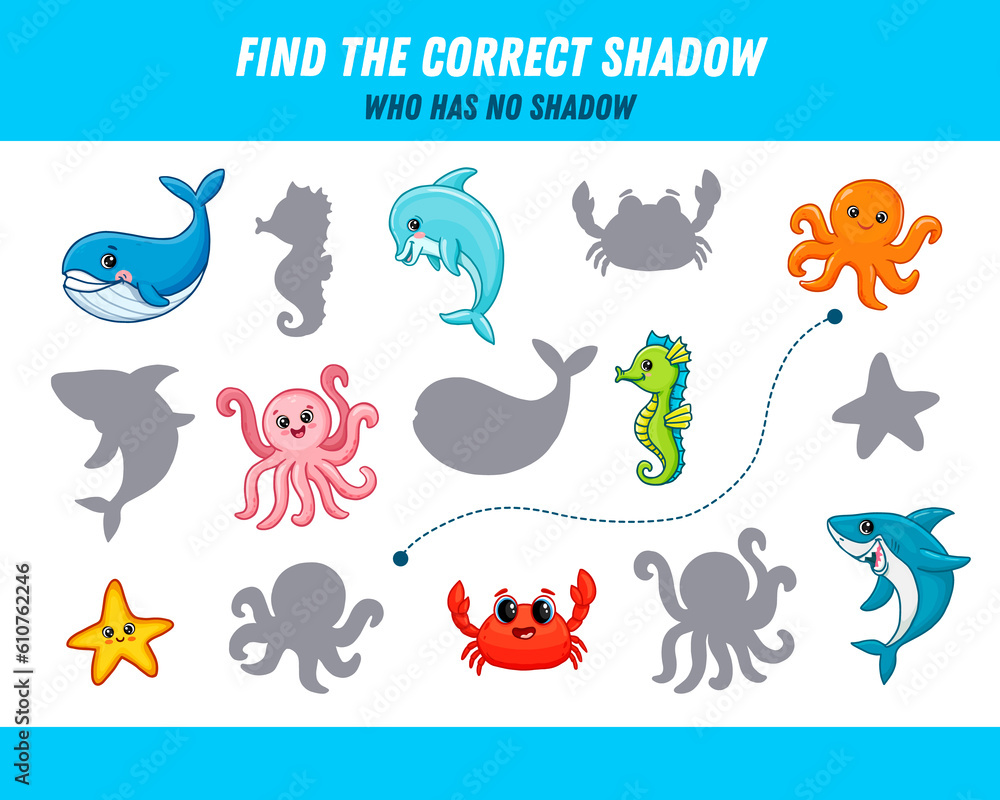 Find correct shadow of sea animals. Shark, crab, octopus,sea horse, starfish, whale, dolphin. Educational logical game for kids. Cartoon animals. Find correct shadow of sea animals. Shark, crab, octopus,sea horse, starfish, whale, dolphin. Educational logical game for kids. Cartoon animals.