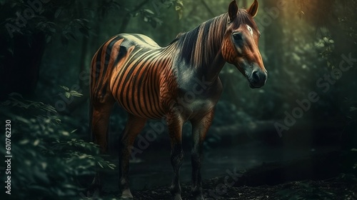 Unreal Horse in the zebra color in the wood. Generative AI
