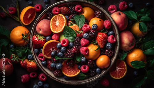 Summer table showcases juicy  ripe berry collection on rustic wood generated by AI