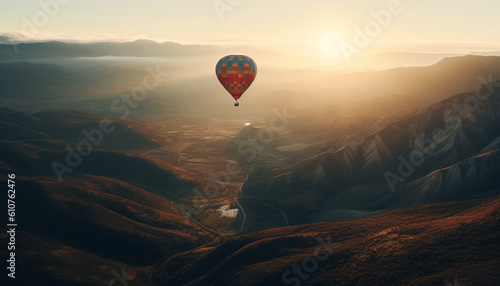 Men flying mid air in hot air balloon over mountain peak generated by AI