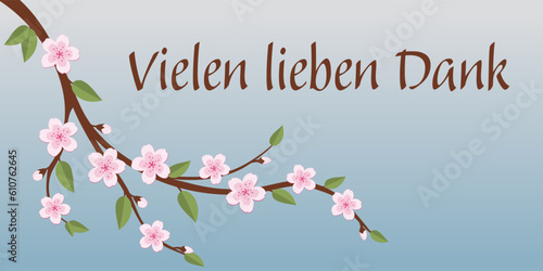 Vielen lieben Dank - Schriftzug in deutscher Sprache. Dankeskarte mit einem Kirschblütenzweig.