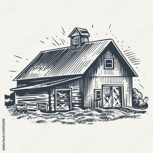 Hand drawn farm barn building illustration. Vintage woodcut engraving style vector illustration. 