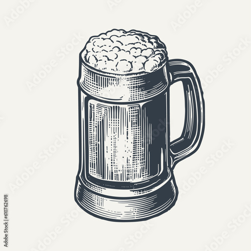 Beer mug with foam on top. Vintage woodcut engraving vector illustration.