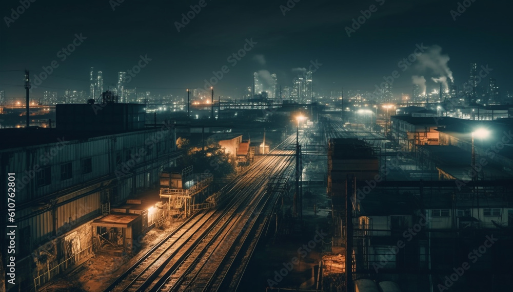 Dark city skyline illuminated by transportation and industry pollution generated by AI