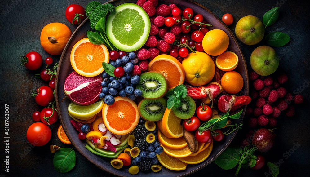 Fresh and healthy berry fruit salad on a wooden table generated by AI Fresh and healthy berry fruit salad on a wooden table generated by AI