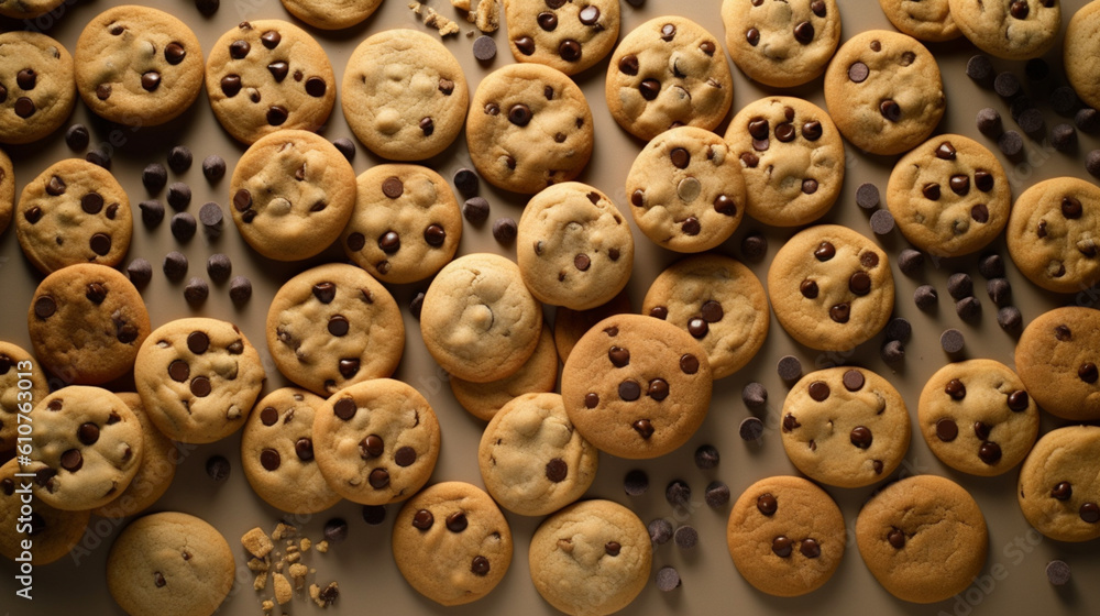 Flat lay of chocolate chip cookies. IA generative.
Flat lay of chocolate chip cookies. IA generative.