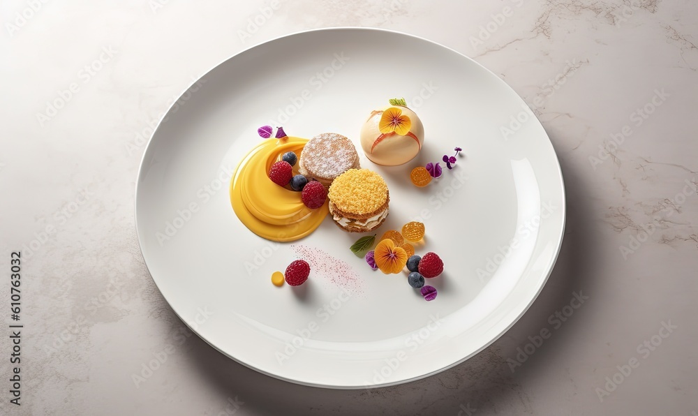 a white plate topped with three desserts on top of a table next to a cup of coffee and a plate with fruit on it. generative ai a white plate topped with three desserts on top of a table next to a cup of coffee and a plate with fruit on it. generative ai