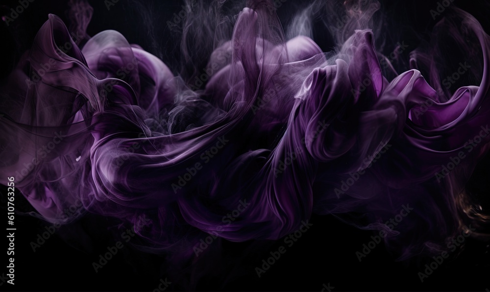  a purple and black smoke swirls in the air on a black background with a white light in the middle of the image and a black background.  generative ai