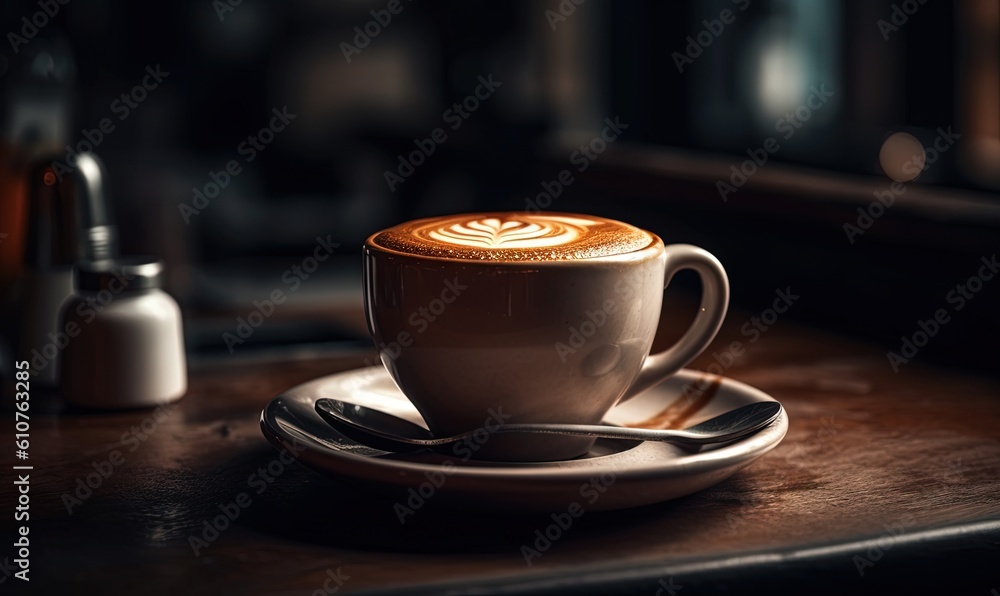  a cappuccino sits on a saucer on a wooden table with a spoon and a bottle of wine in the back ground.  generative ai