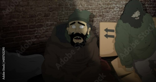 Homeless person in the allay looking shocked and scared up in the sky while shadow covers him.