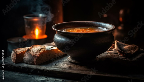 Rustic wood table, organic pumpkin soup, homemade bread, candle burning generated by AI