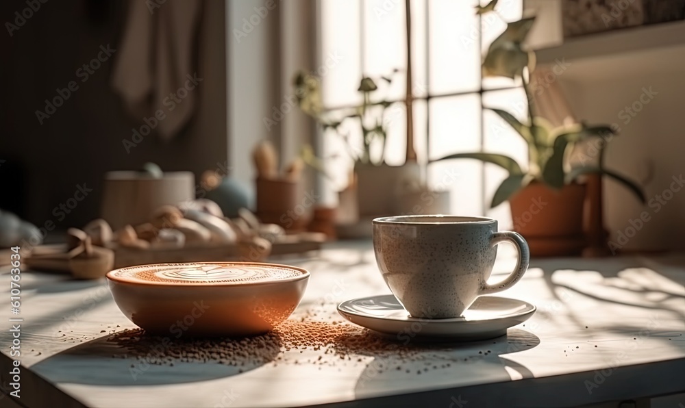  a cup of coffee sitting on top of a table next to a bowl of seeds and a potted plant on the table in the background.  generative ai