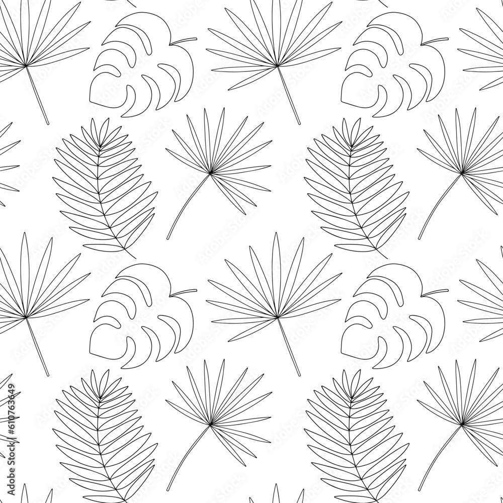 Tropical leaves vector seamless pattern. Hand drawn monstera leaf and chamaerops on white background Tropical leaves vector seamless pattern. Hand drawn monstera leaf and chamaerops on white background