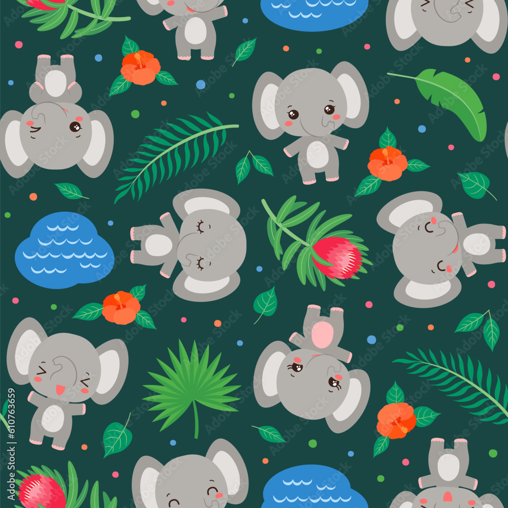 Fototapeta premium Cute elephant seamless pattern. Cartoon elephant kawaii style. Safari animal repeat design. Palm leaves and tropical flowers. Summer print for children fashion print, textile fabric, paper.