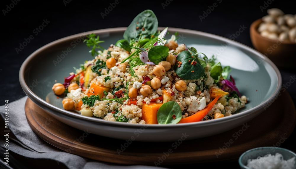 Fresh vegetarian salad bowl with quinoa, carrot, tomato, and cilantro generated by AI