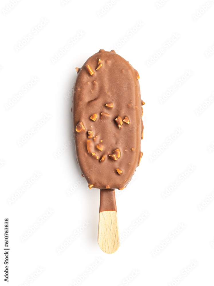 Popsicle, ice cream covered with chocolate isolated on white background. Popsicle, ice cream covered with chocolate isolated on white background.