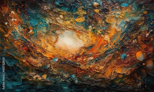  a painting of a colorful sky with lots of bubbles and bubbles on it, and a white circle in the center of the painting is surrounded by blue and orange circles. generative ai