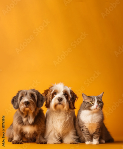 Banner of a group of domestic pets dog and cat together over yellow banner on colorful background with empty space place for text. Copy paste. Generative AI.