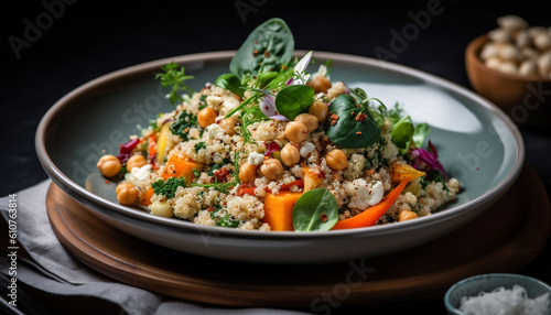 Fresh vegetarian salad bowl with quinoa  carrot  tomato  and cilantro generated by AI