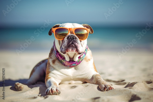 Funny British English bulldog breed in sunglasses sunbathing at seaside resort sand near sea or ocean water. Vacation rest in hot country beach concept. Generative AI Technology