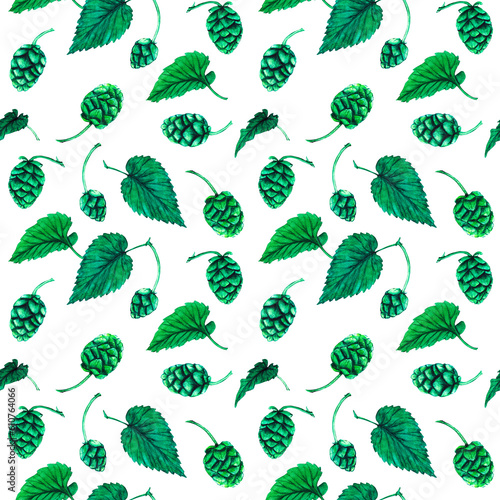 Fresh green hop seamless pattern. Watercolor hand drawn illustration for Octoberfest. Sketch on on a transparent background for ornament or any design © Irina
