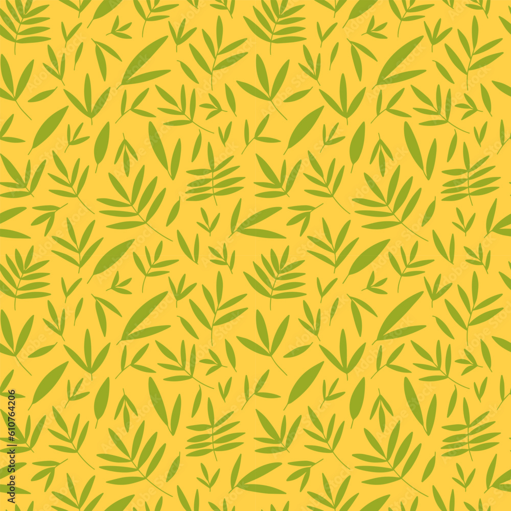 Vector leafy seamless pattern. Different leaves on yellow background Vector leafy seamless pattern. Different leaves on yellow background