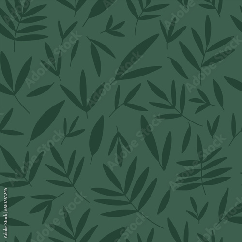 Green leaves seamless pattern. Hand drawn different leaves background