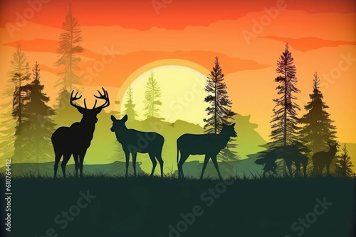 Deer silhouettes at sunset. Wild animal in natural landscape. Created with Generative AI © Lazy_Bear