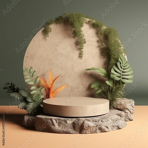 Enigmatic Elegance: Mesmerizing Photo Round Podium for Product Presentation, Abstract Blank Pedestal, and Platform for Captivating Product Display.